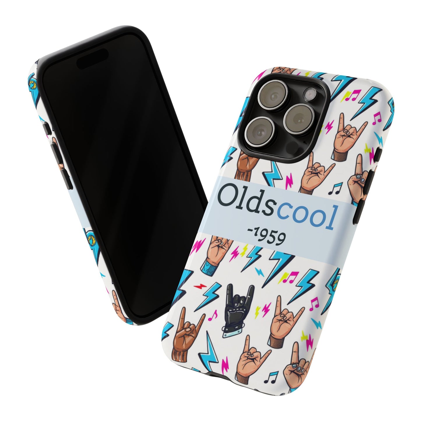 Retro Rock 'Oldscool 1959' Phone Case – Lightning & Rock Hand Pattern - Ramshackle Shack