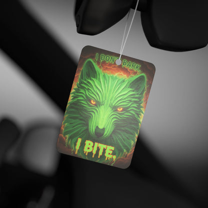 Neon wolf car air freshener with "I Don't Bark I Bite" text, vibrant colors, and printed accessories design.