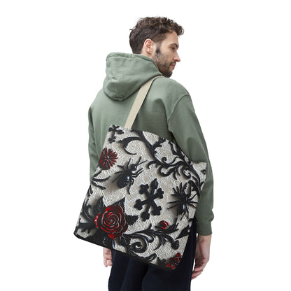 Gothic filigree tote bag with ornate dark floral all-over print, featuring intricate black designs on a spacious bag for stylish carrying.