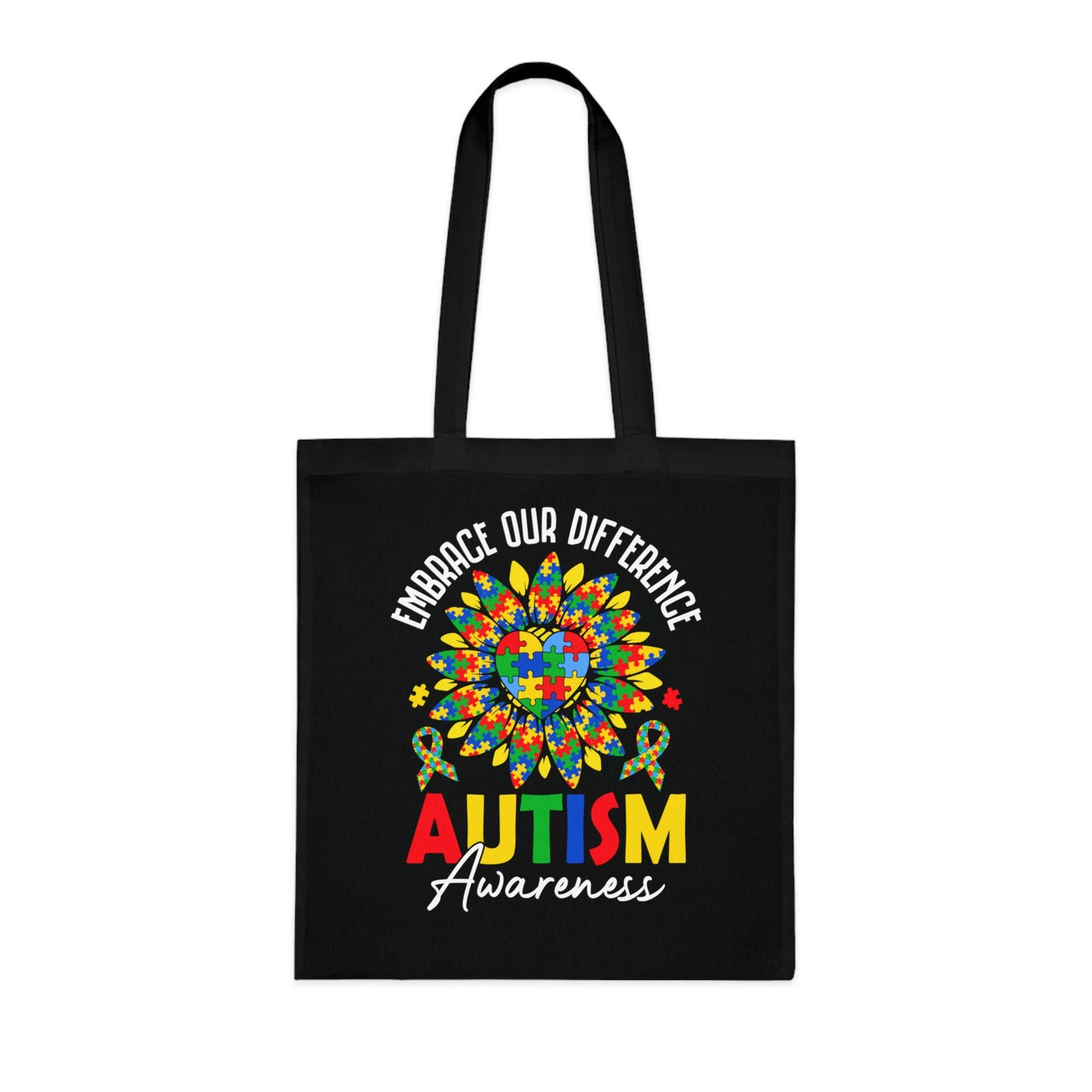 Autism Awareness Cotton Tote — "Embrace Our Difference" Puzzle Ribbon Design - Ramshackle Shack