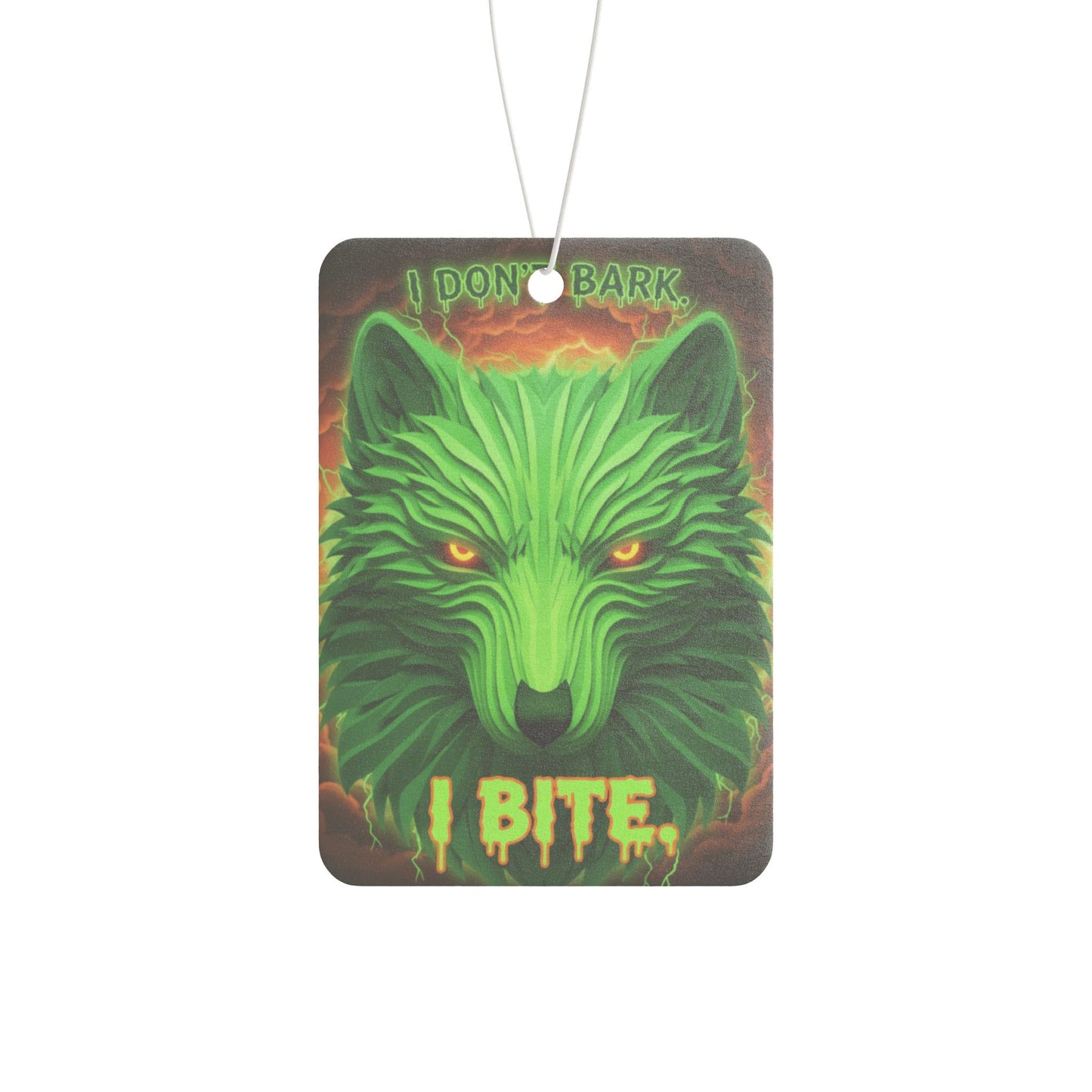 Neon wolf-shaped dog air freshener accessory with "I Don't Bark I Bite" text, vibrant colors, and compact design.