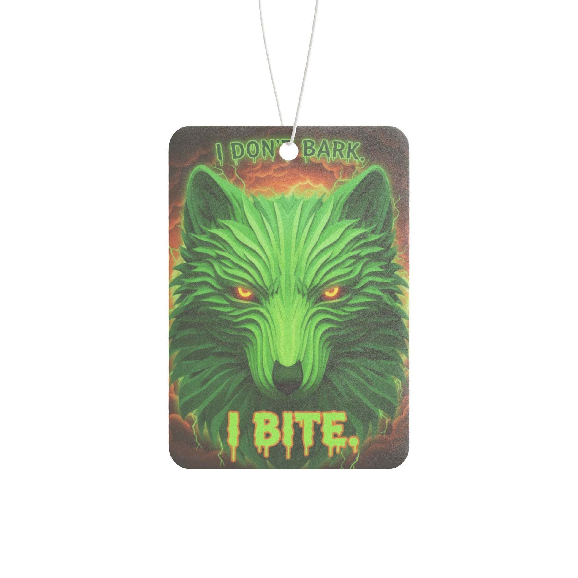 Neon wolf-shaped dog air freshener accessory with "I Don't Bark I Bite" text, vibrant colors, and compact design.