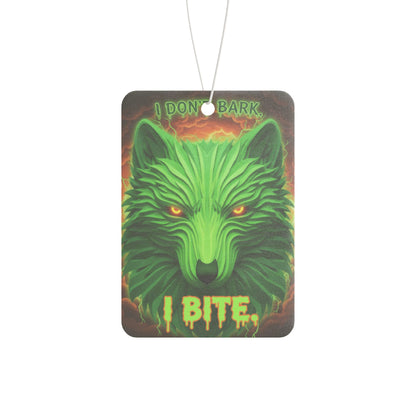 Neon wolf-shaped dog air freshener accessory with "I Don't Bark I Bite" text, vibrant colors, and compact design.