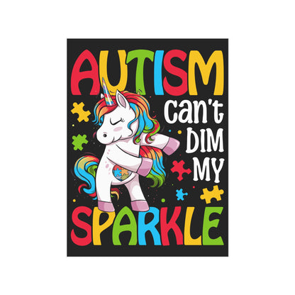 Autism Can't Dim My Sparkle print on paper product by Printify, featuring colorful, empowering design related to autism awareness.