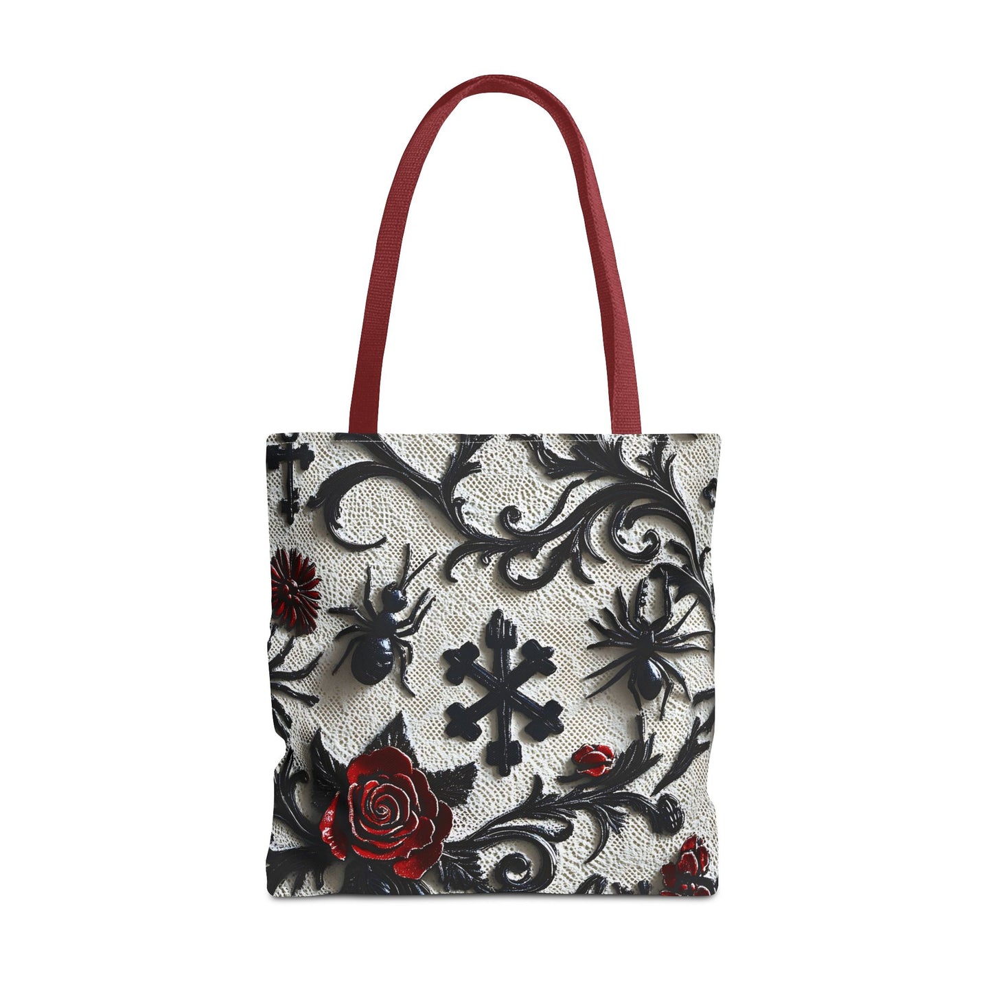 Gothic filigree tote bag with ornate dark floral all-over print, featuring intricate design and spacious bag interior.