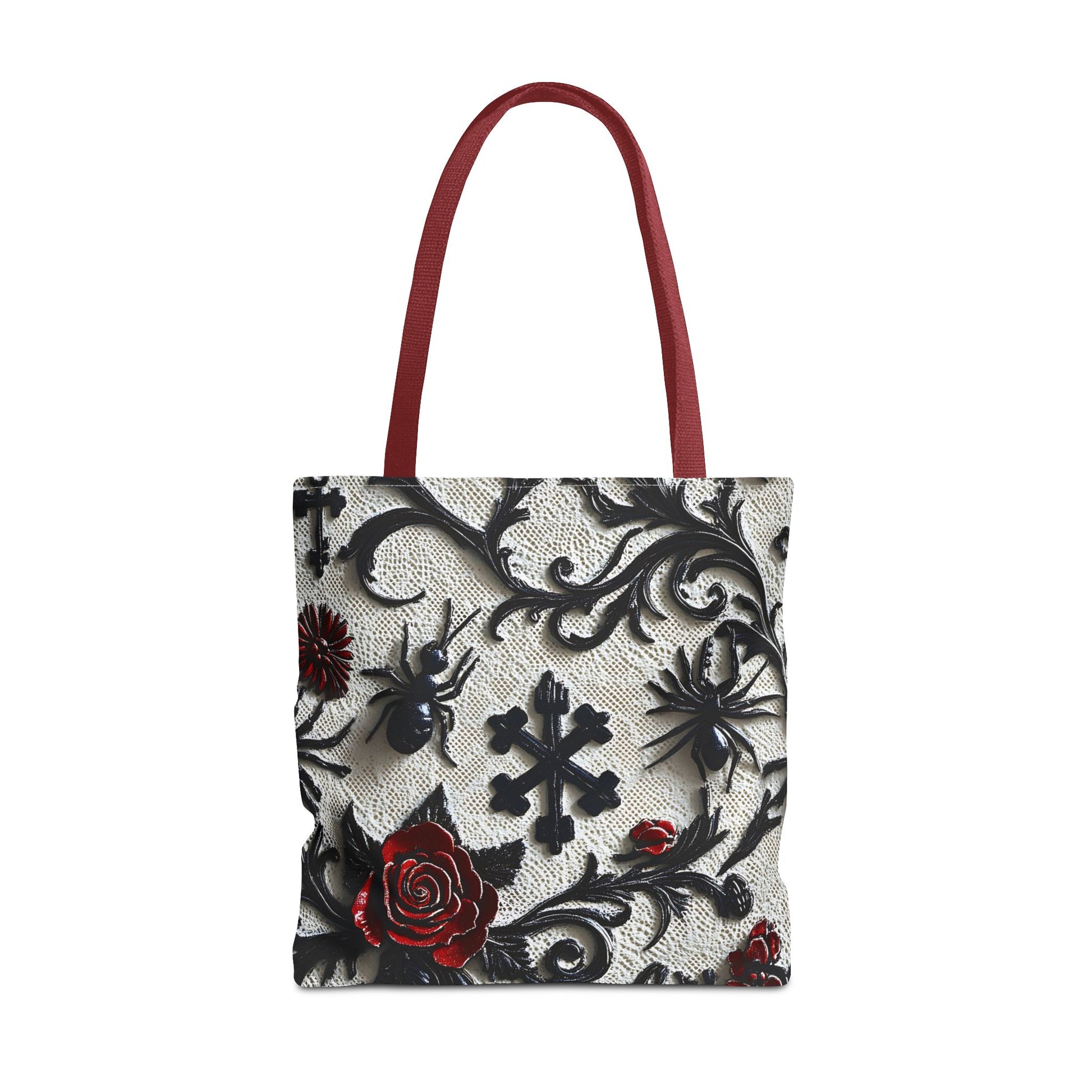 Gothic filigree tote bag with ornate dark floral all-over print, featuring intricate design and spacious bag interior.