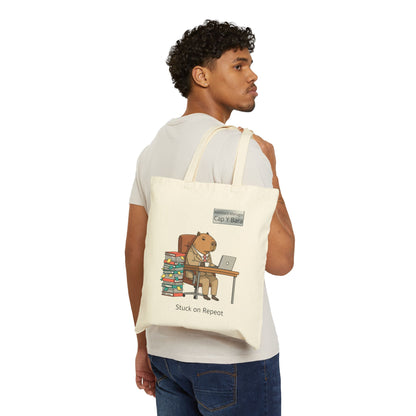 Illustration of a capybara on a tote bag featuring a humorous office animal meme from Unhinged Animal Bureaucracy by Printify.