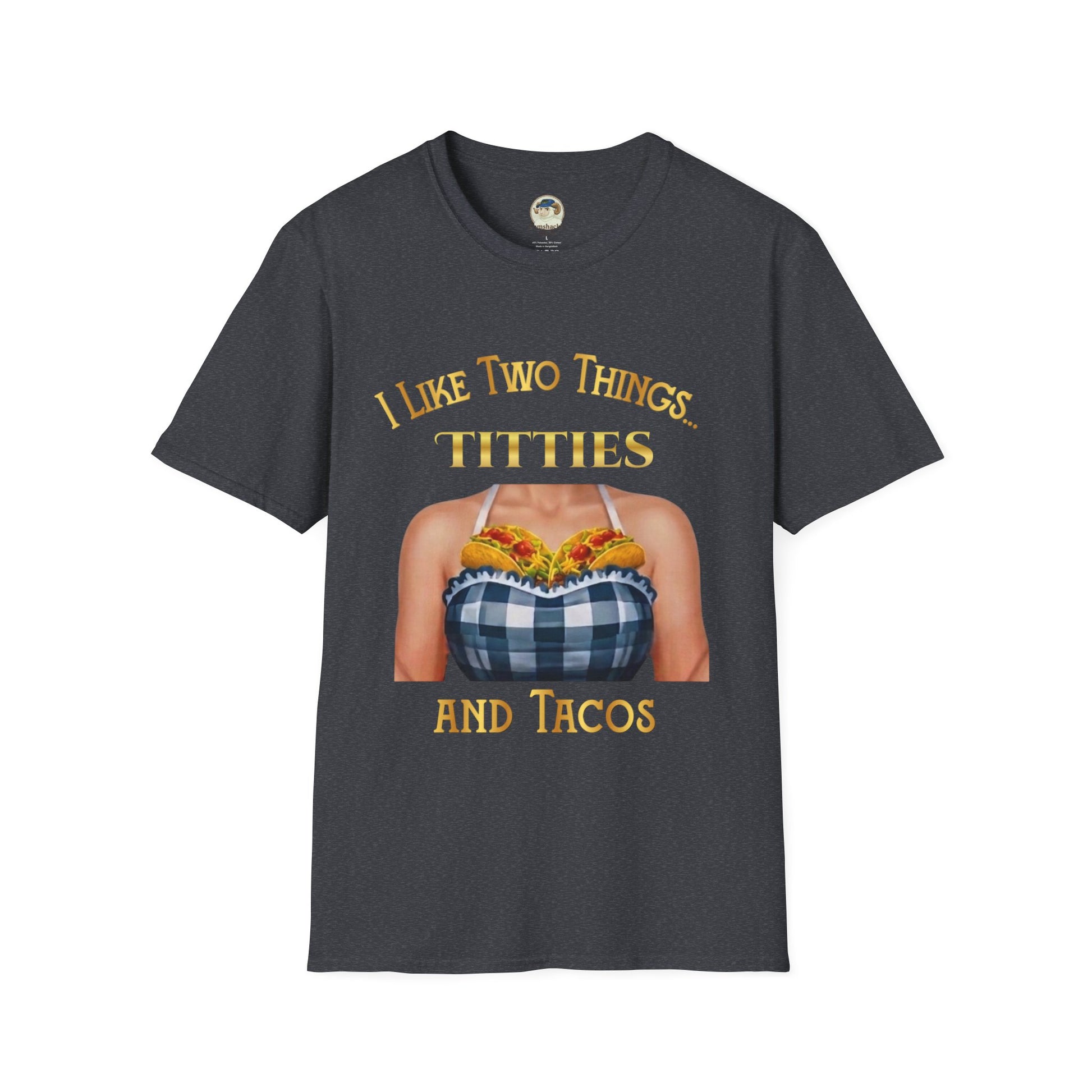Funny graphic T-shirt by Printify featuring the phrase “I Like Two Things: Titties and Tacos” with taco illustrations.