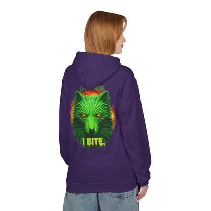 Neon green wolf graphic hoodie by Printify featuring a bold wolf design, perfect for night riders and casual streetwear.
