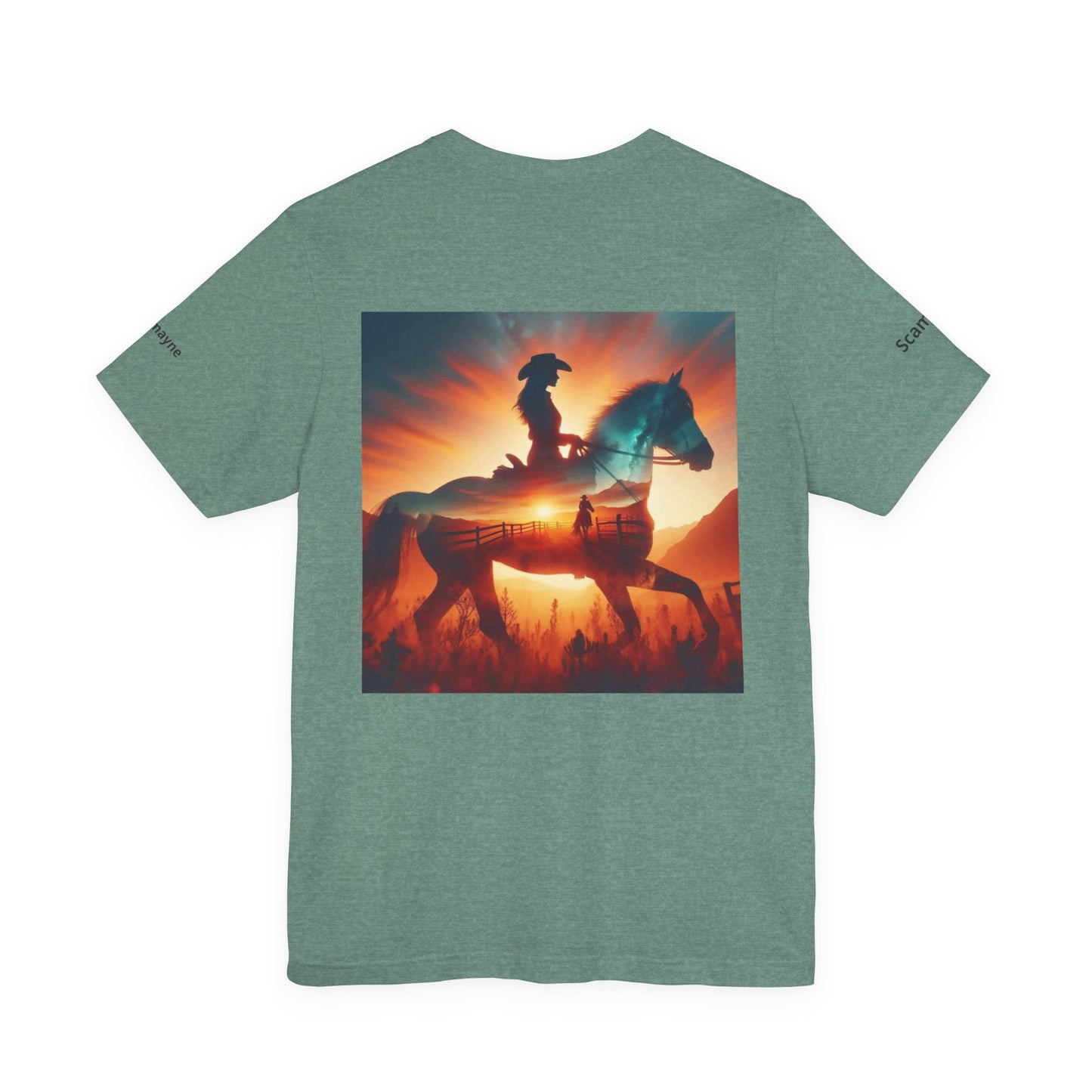 Personalized western sunset T-shirt from Nothing So Wild Rider Tee collection, featuring a vibrant western sunset design on a casual T-shirt.