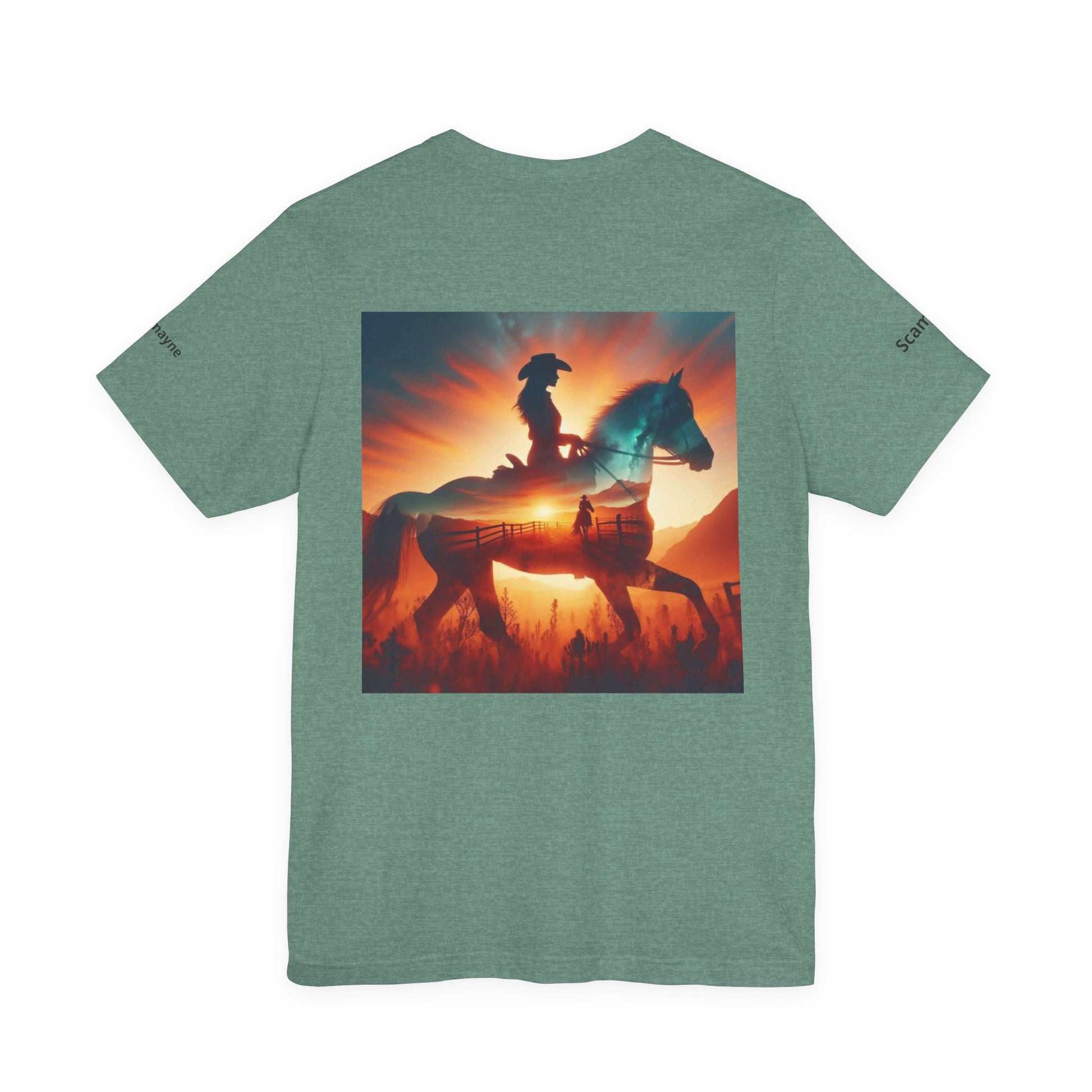 Personalized western sunset T-shirt from Nothing So Wild Rider Tee collection, featuring a vibrant western sunset design on a casual T-shirt.