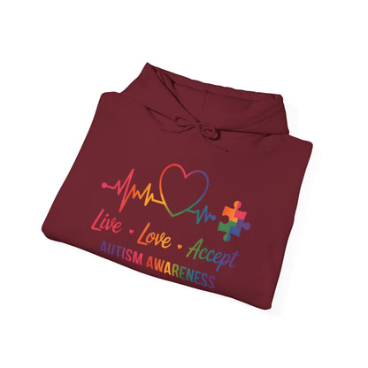 Autism Awareness Hoodie — "Live, Love, Accept" Heartbeat Puzzle-Rainbow - Ramshackle Shack