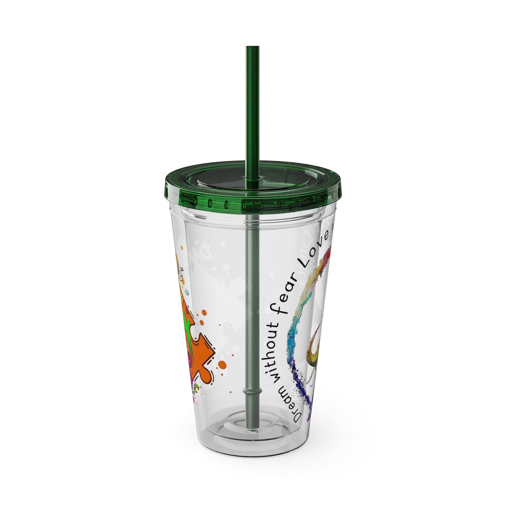 16oz Printify Sunsplash Tumbler featuring watercolor elephant design and paint-splatter puzzle motif.
