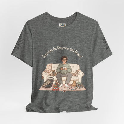 Dad 'Surviving on Caffeine and Chaos' Tee — Custom Names & Dates, 'Believe You Can' Back - Ramshackle Shack