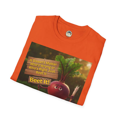 Unisex softstyle T-shirt with a humorous beetroot graphic design, featuring colorful print and casual fit.