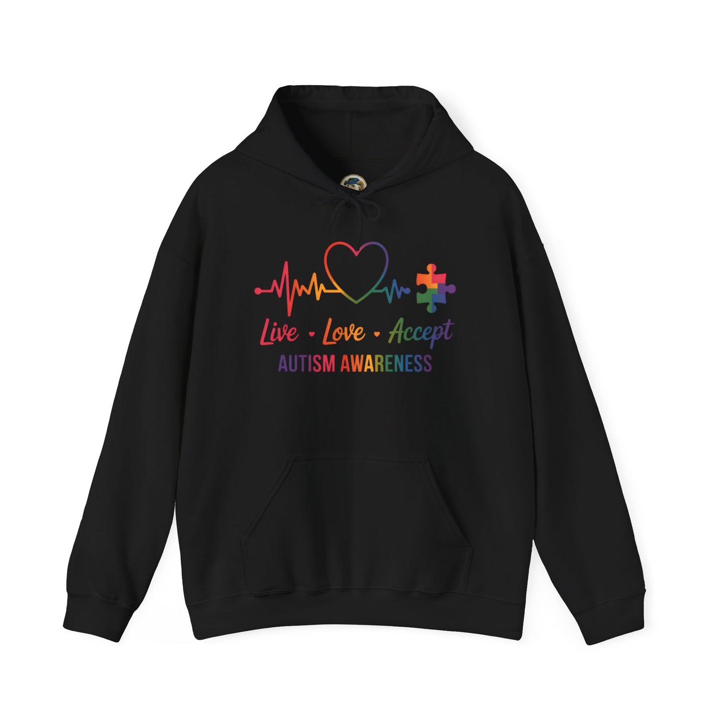 Autism Awareness Hoodie — "Live, Love, Accept" Heartbeat Puzzle-Rainbow - Ramshackle Shack
