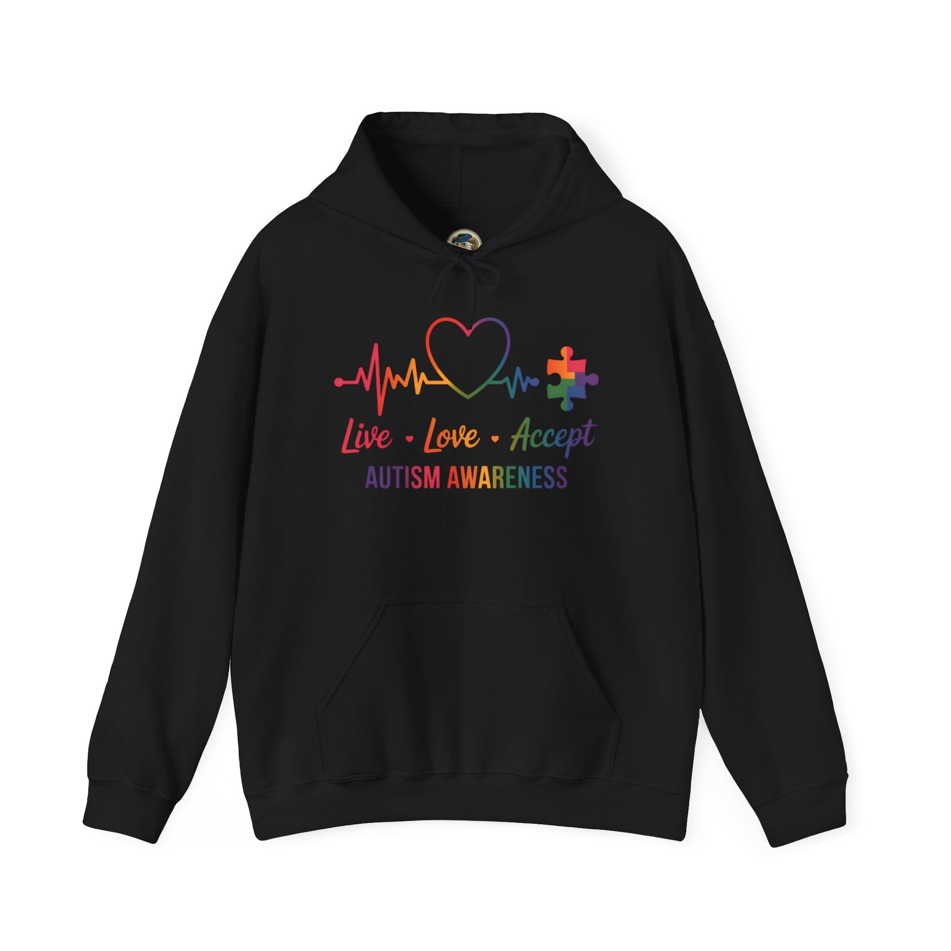Autism Awareness Hoodie — "Live, Love, Accept" Heartbeat Puzzle-Rainbow - Ramshackle Shack