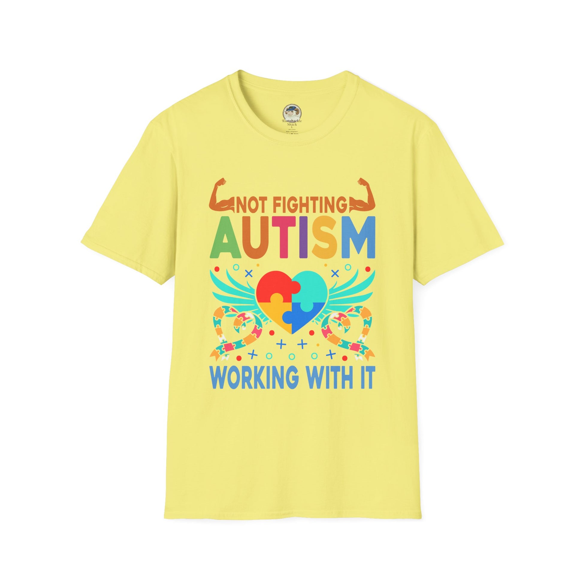 Autism Awareness T-Shirt — "Not Fighting Autism, Working With It" Puzzle Ribbon Tee - Ramshackle Shack