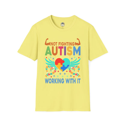 Autism Awareness T-Shirt — "Not Fighting Autism, Working With It" Puzzle Ribbon Tee - Ramshackle Shack