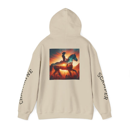 Western minimalist rider hoodie with personalized bull skull and prairie sunset design, featuring a comfortable fit and rustic style.