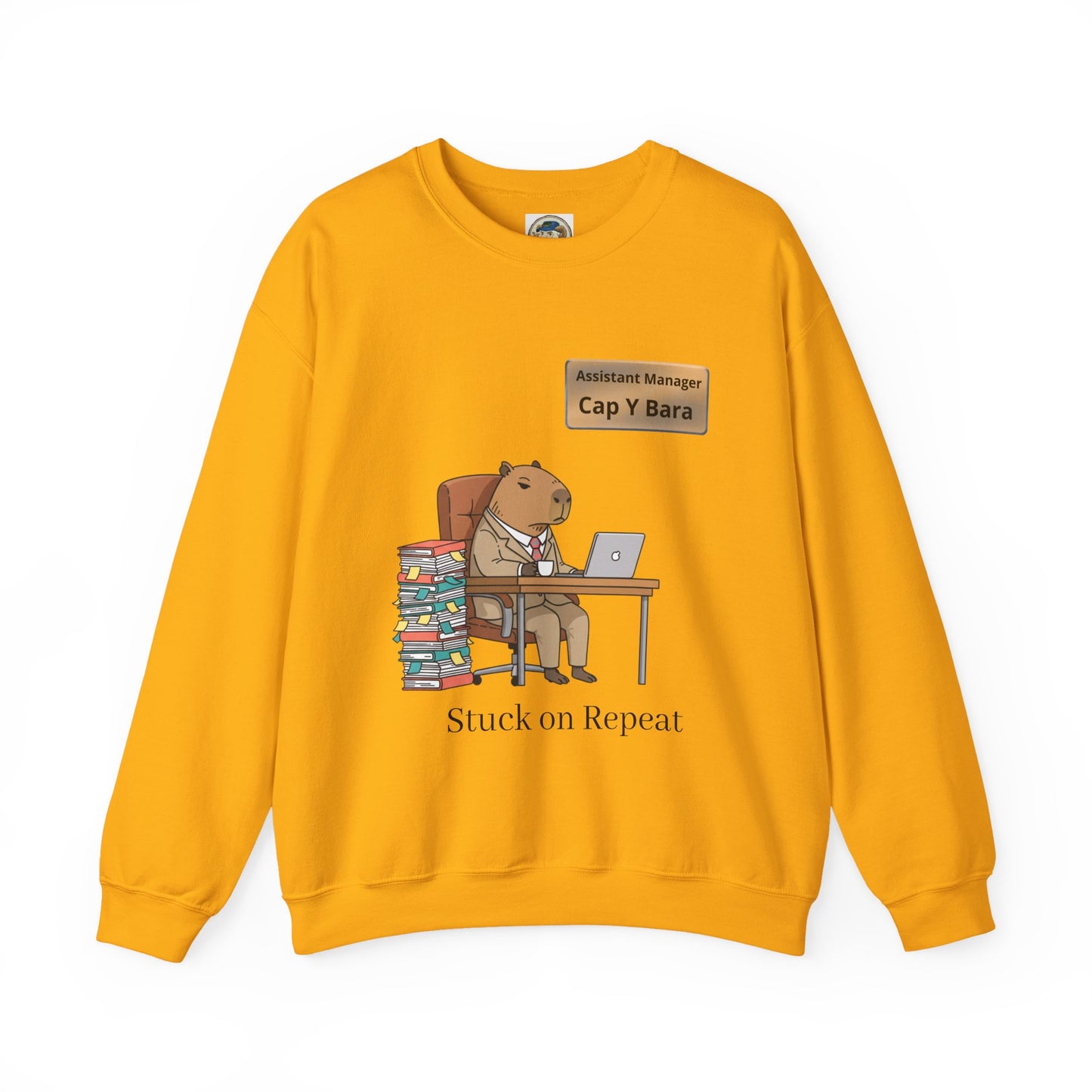 Gray sweatshirt featuring a cartoon capybara working at a desk, with humorous "Unhinged Animal Bureaucracy" design.