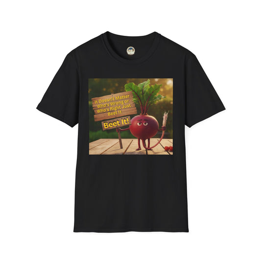 Unisex softstyle T-shirt featuring a humorous beetroot graphic and the text "Just Beet It!", printed by Printify.