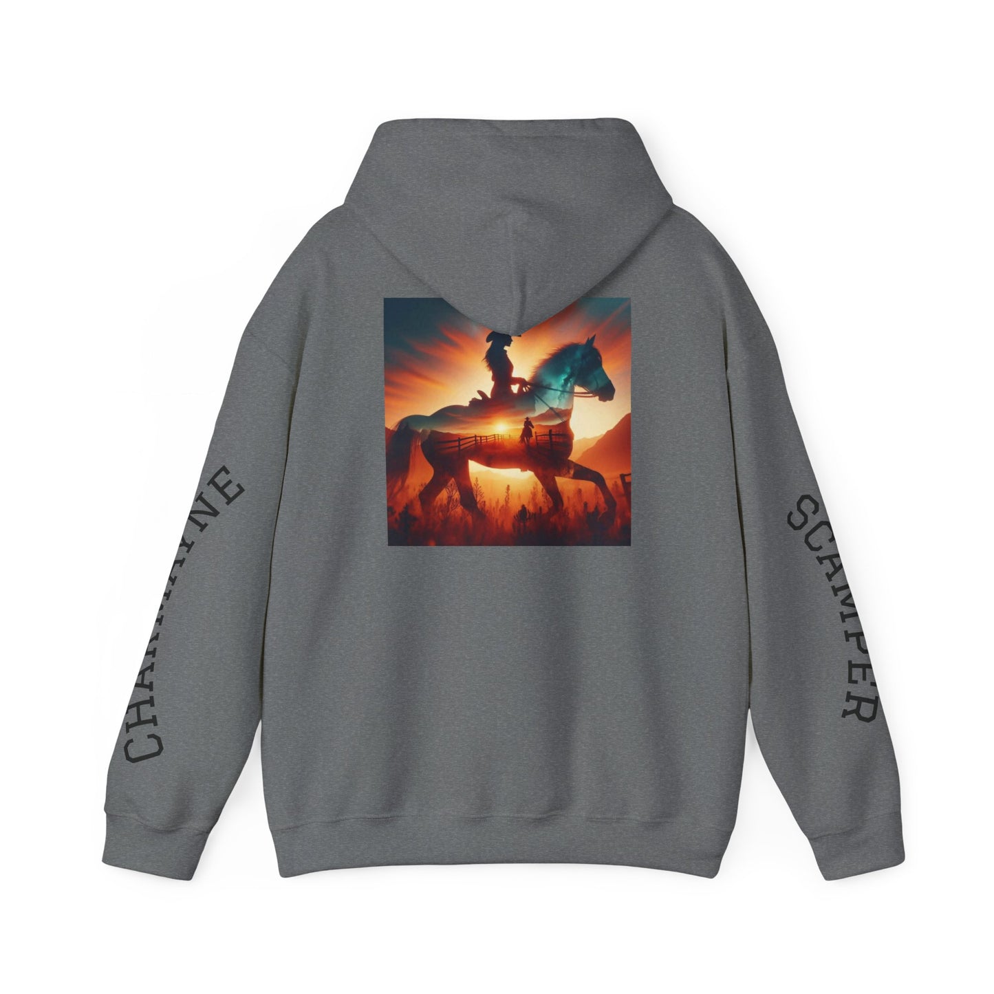 Western minimalist rider hoodie with personalized bull skull and prairie sunset design, featuring a comfortable fit and rustic style.