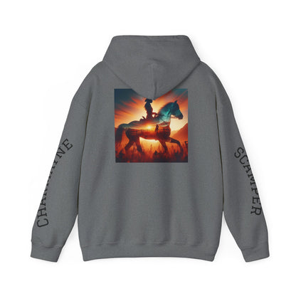 Western minimalist rider hoodie with personalized bull skull and prairie sunset design, featuring a comfortable fit and rustic style.