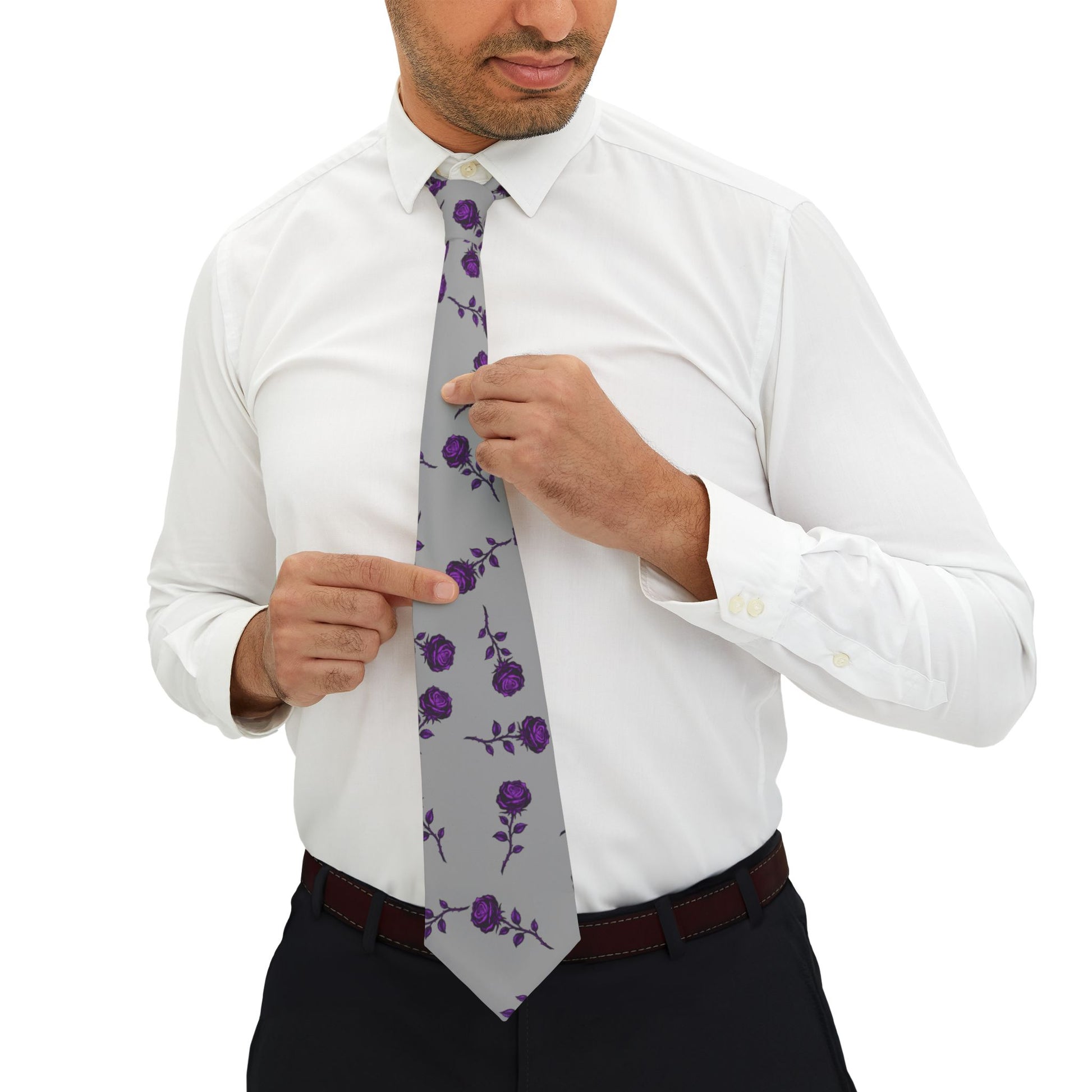 Purple Rose Pattern Necktie — Floral Grey Men's Tie for Weddings & Gifts - Ramshackle Shack