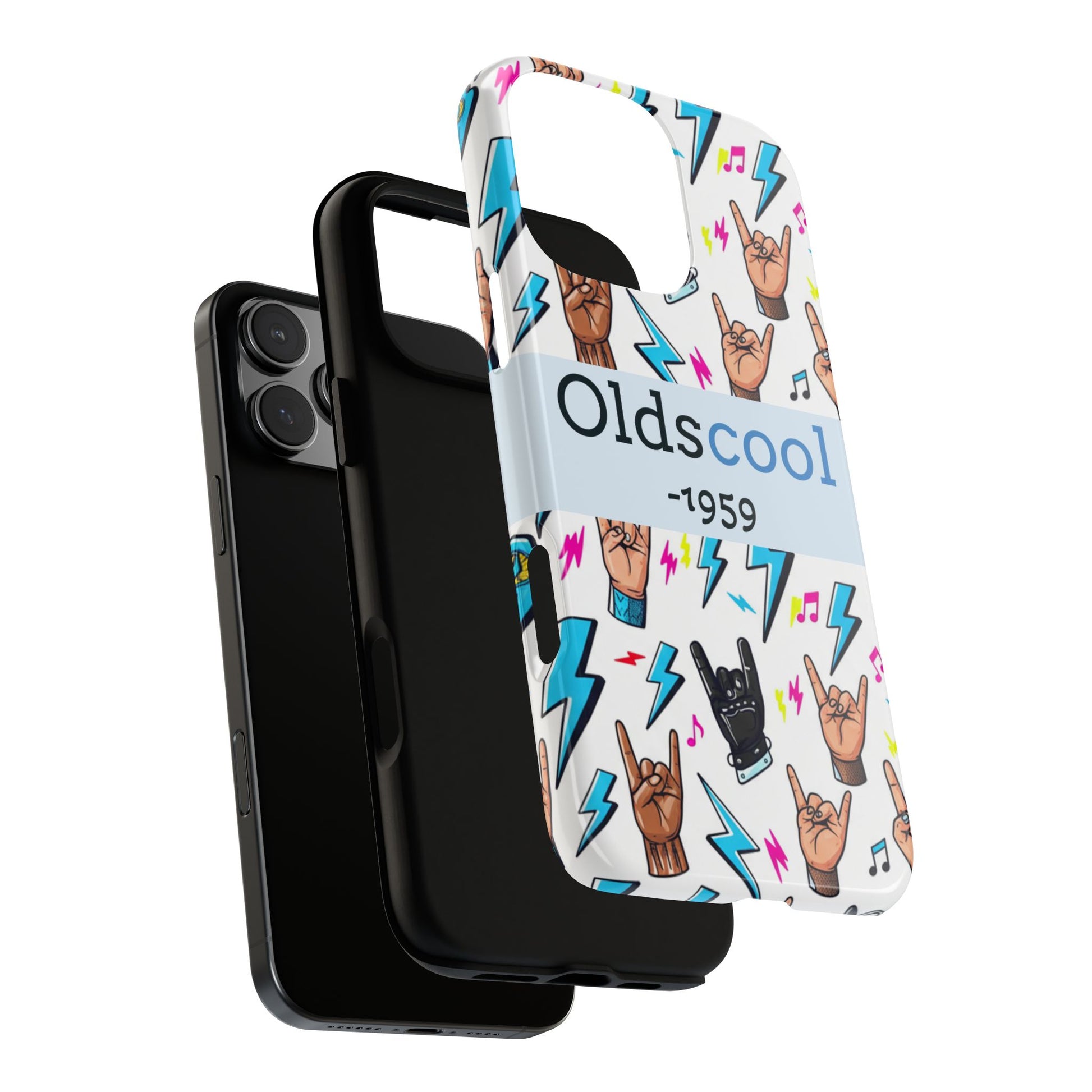 Retro Rock 'Oldscool 1959' Phone Case – Lightning & Rock Hand Pattern - Ramshackle Shack