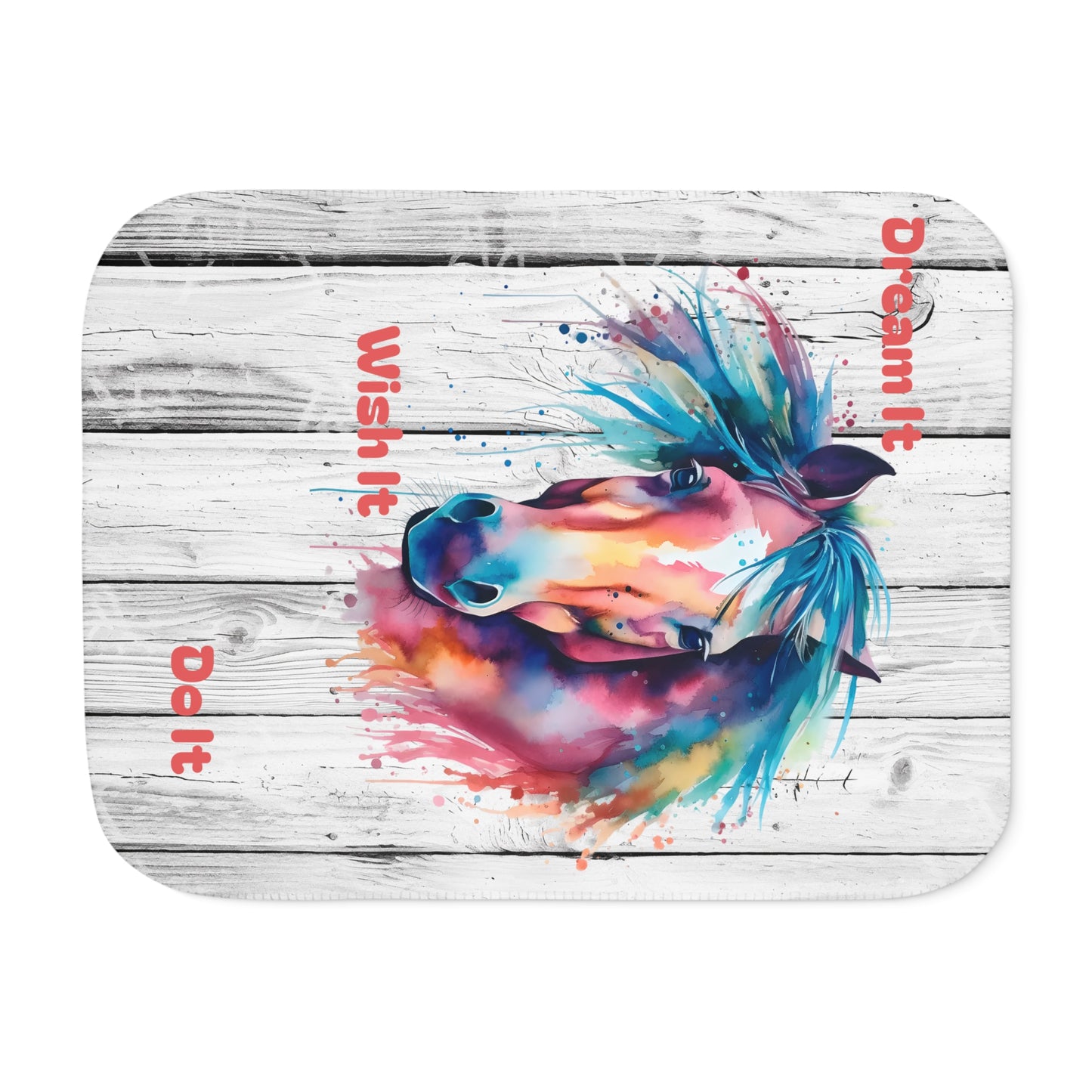 Watercolor horse Sherpa blanket with two-tone design, cozy throw for home decor, featuring a printed horse illustration.