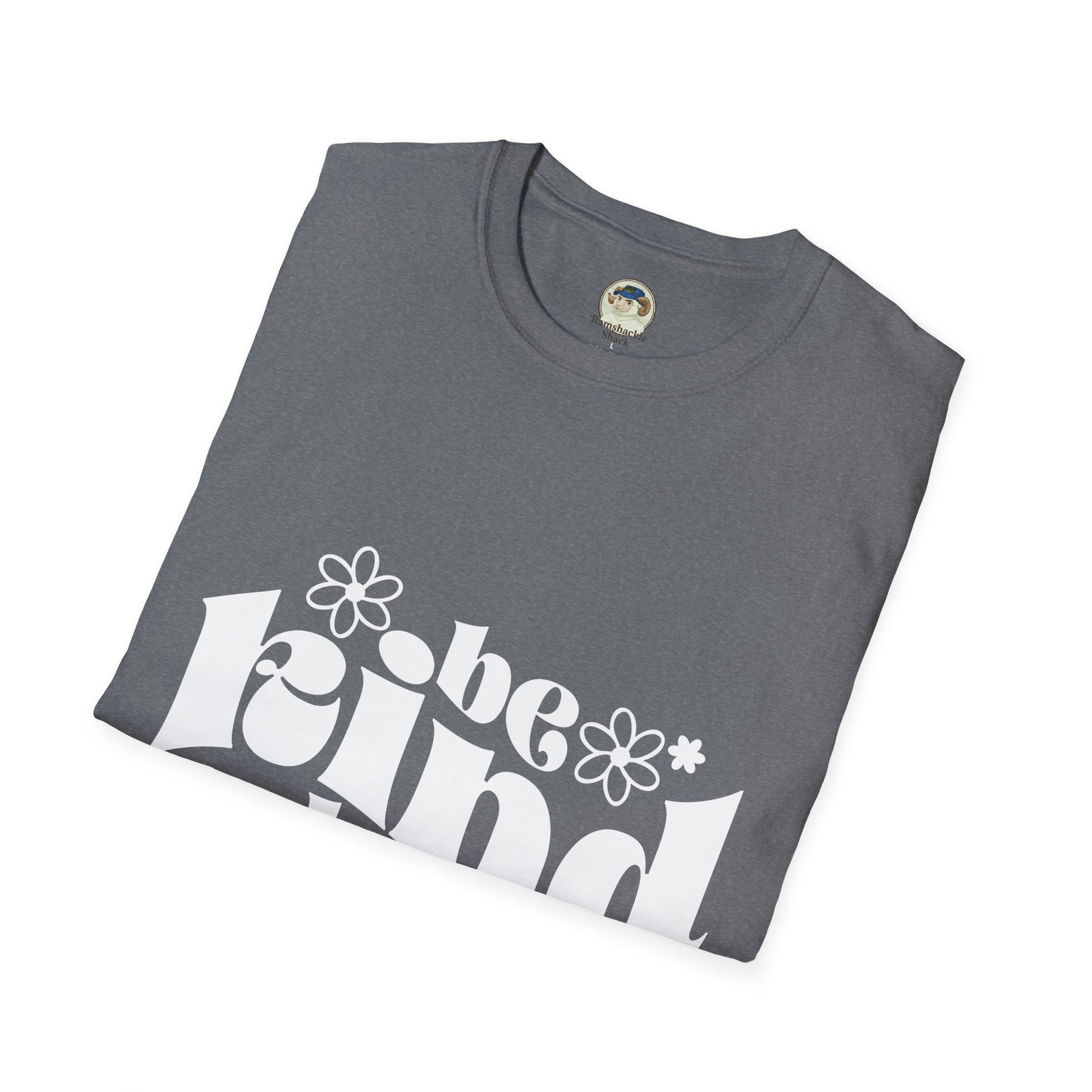 Unisex softstyle T-shirt with "Be Kind Always / Don't Be A Dickasaurus" printed design, in white with colorful text and graphic.