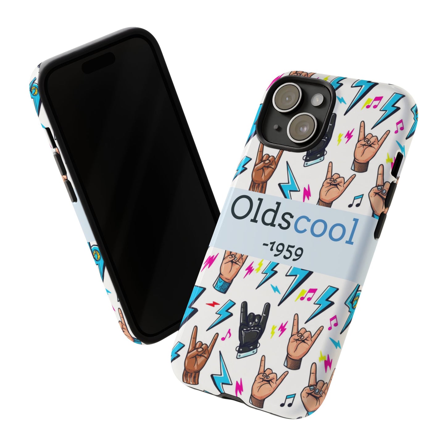Retro Rock 'Oldscool 1959' Phone Case – Lightning & Rock Hand Pattern - Ramshackle Shack