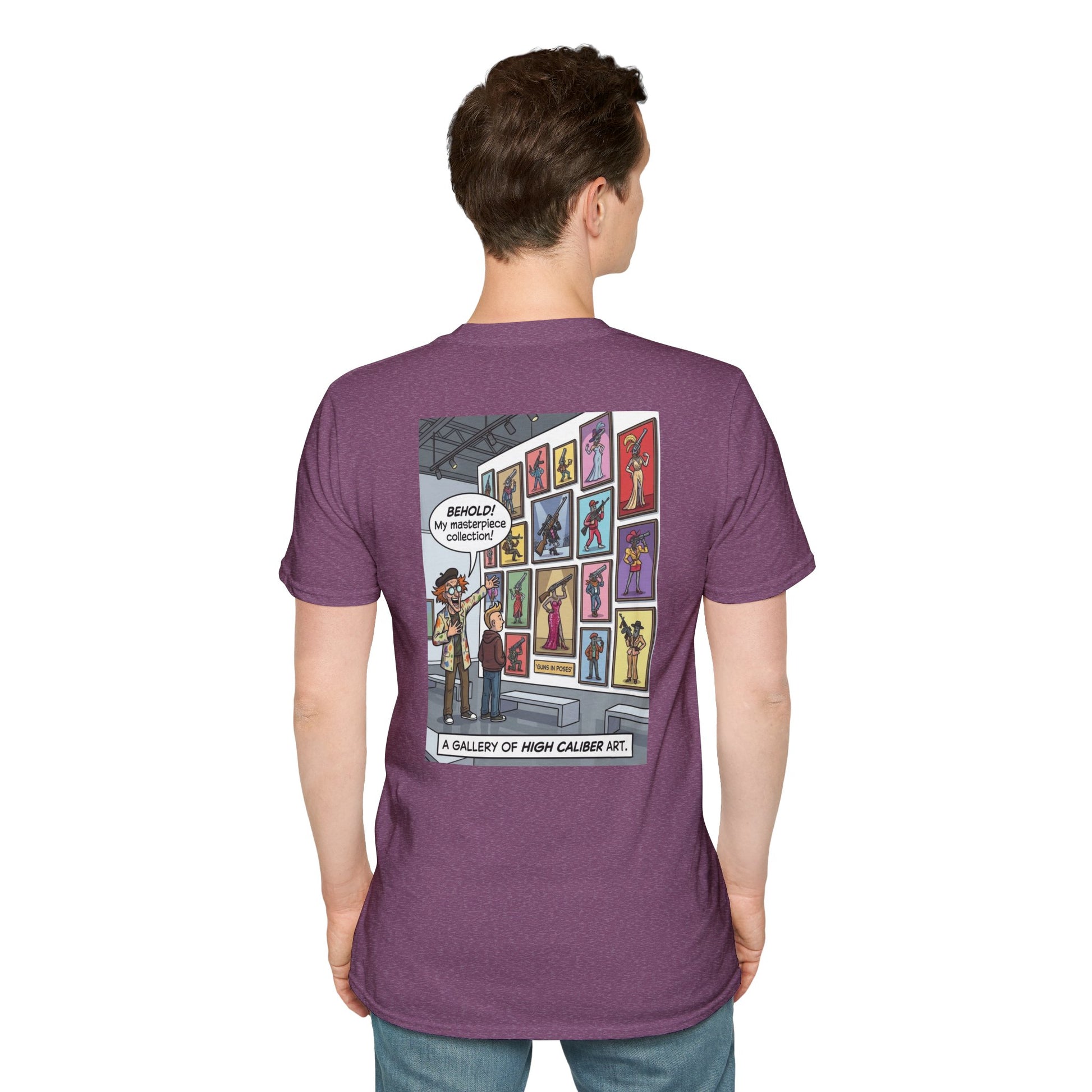 Black T-shirt featuring a "Guns in Poses" high-caliber art print by Printify, showcasing detailed firearm illustrations.