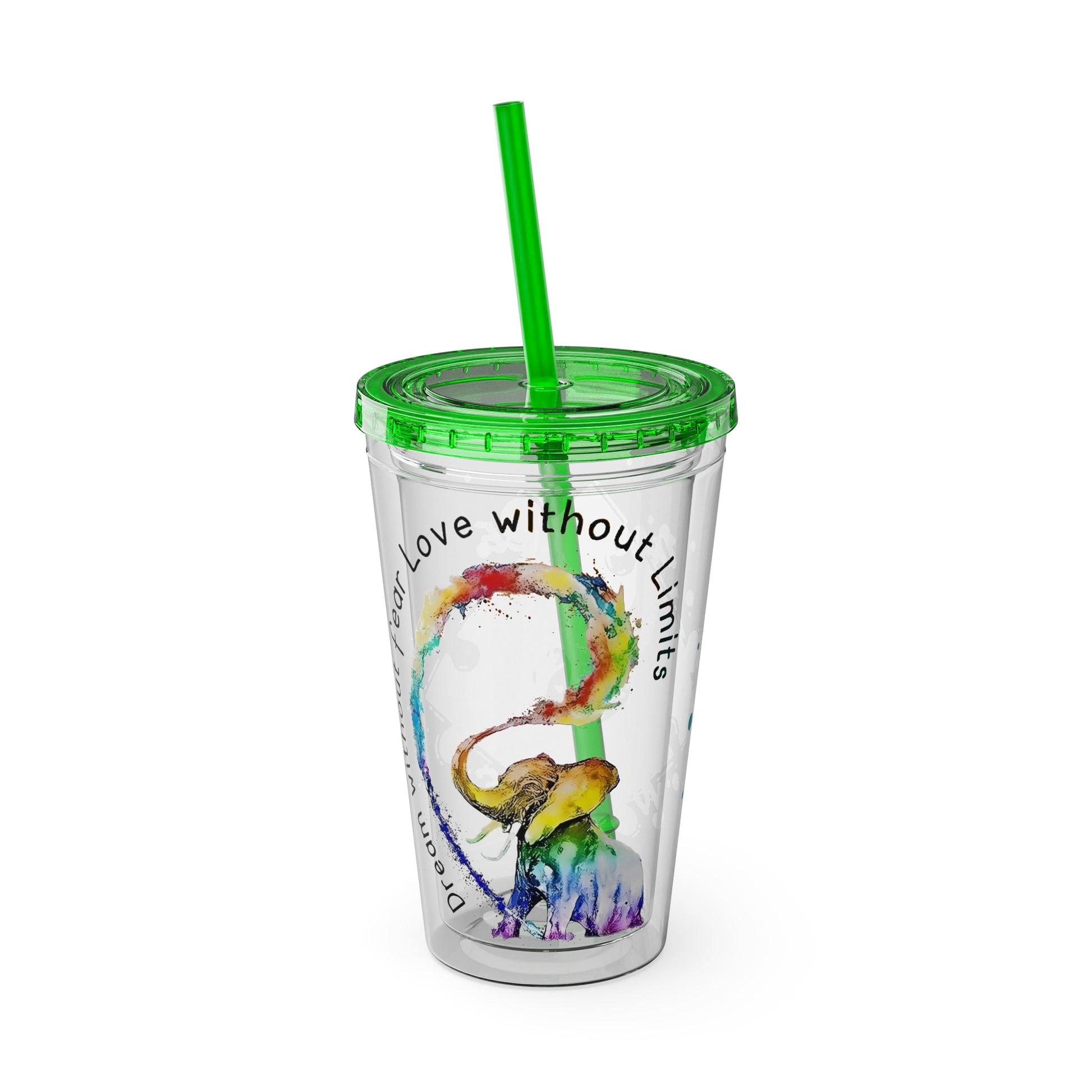 16oz Printify Sunsplash Tumbler with straw featuring watercolor elephant and paint-splatter puzzle designs.