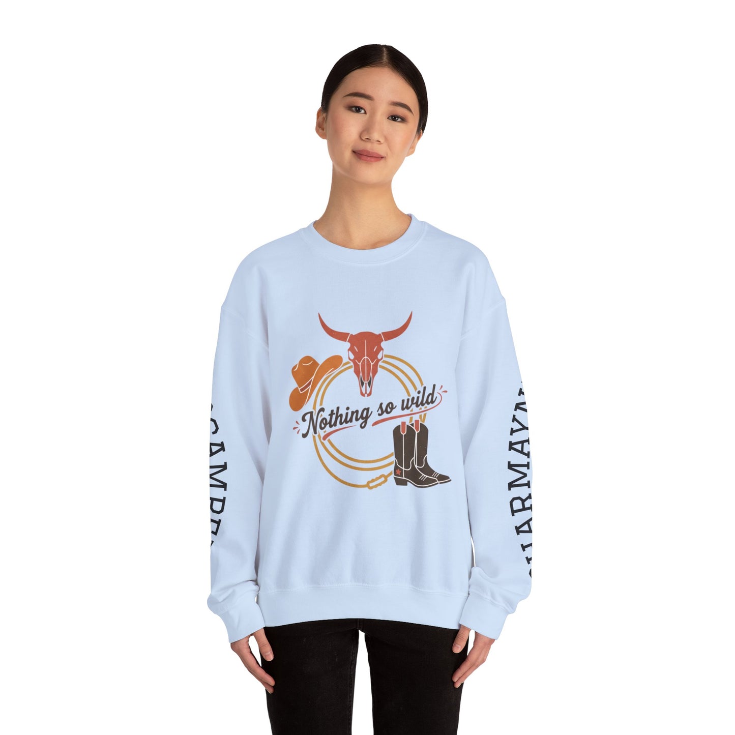 Printify Nothing So Wild crewneck sweatshirt featuring a personalized western rider photo and custom sleeve name detail.