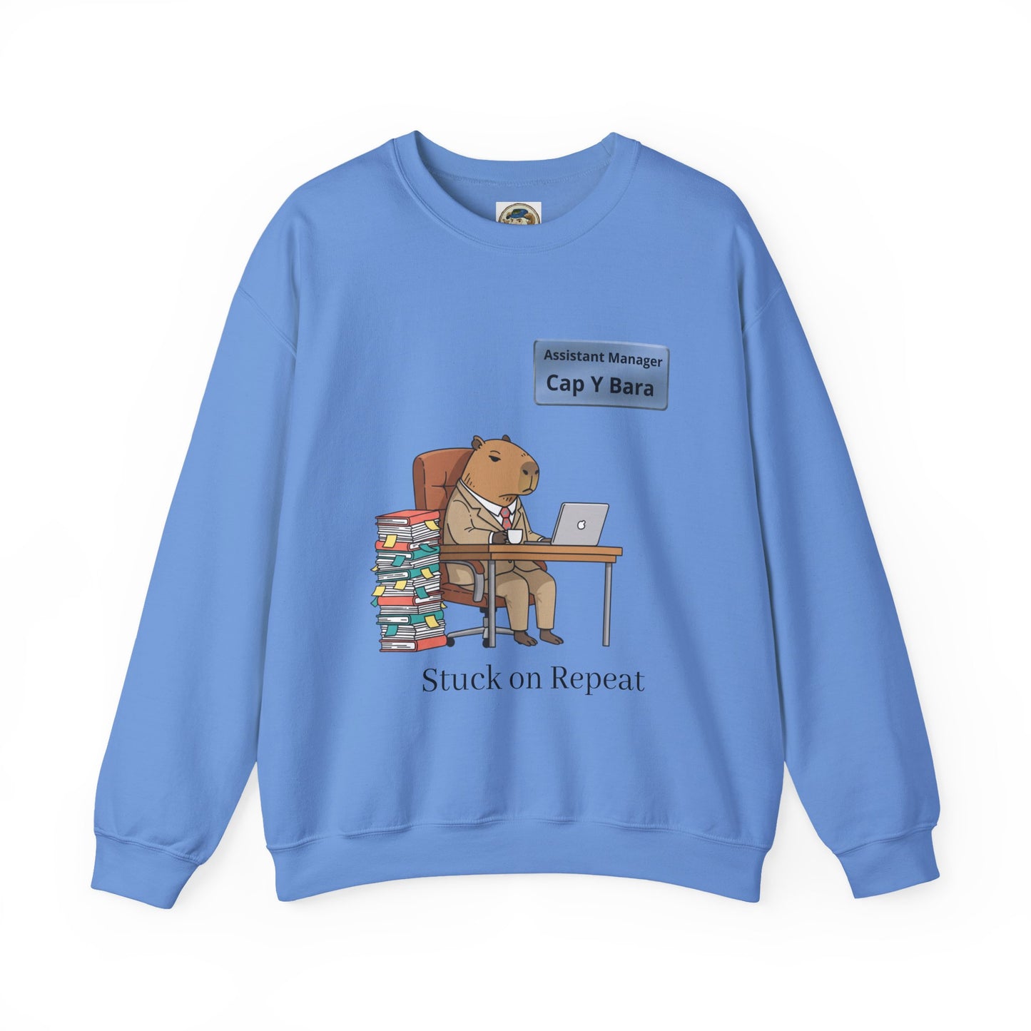 Gray sweatshirt featuring a playful illustration of an office capybara at a desk with "Unhinged Animal Bureaucracy" text.