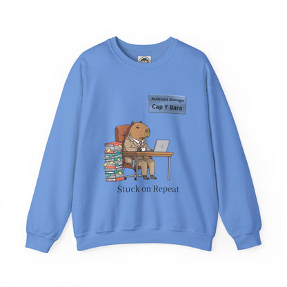 Gray sweatshirt featuring a playful illustration of an office capybara at a desk with "Unhinged Animal Bureaucracy" text.