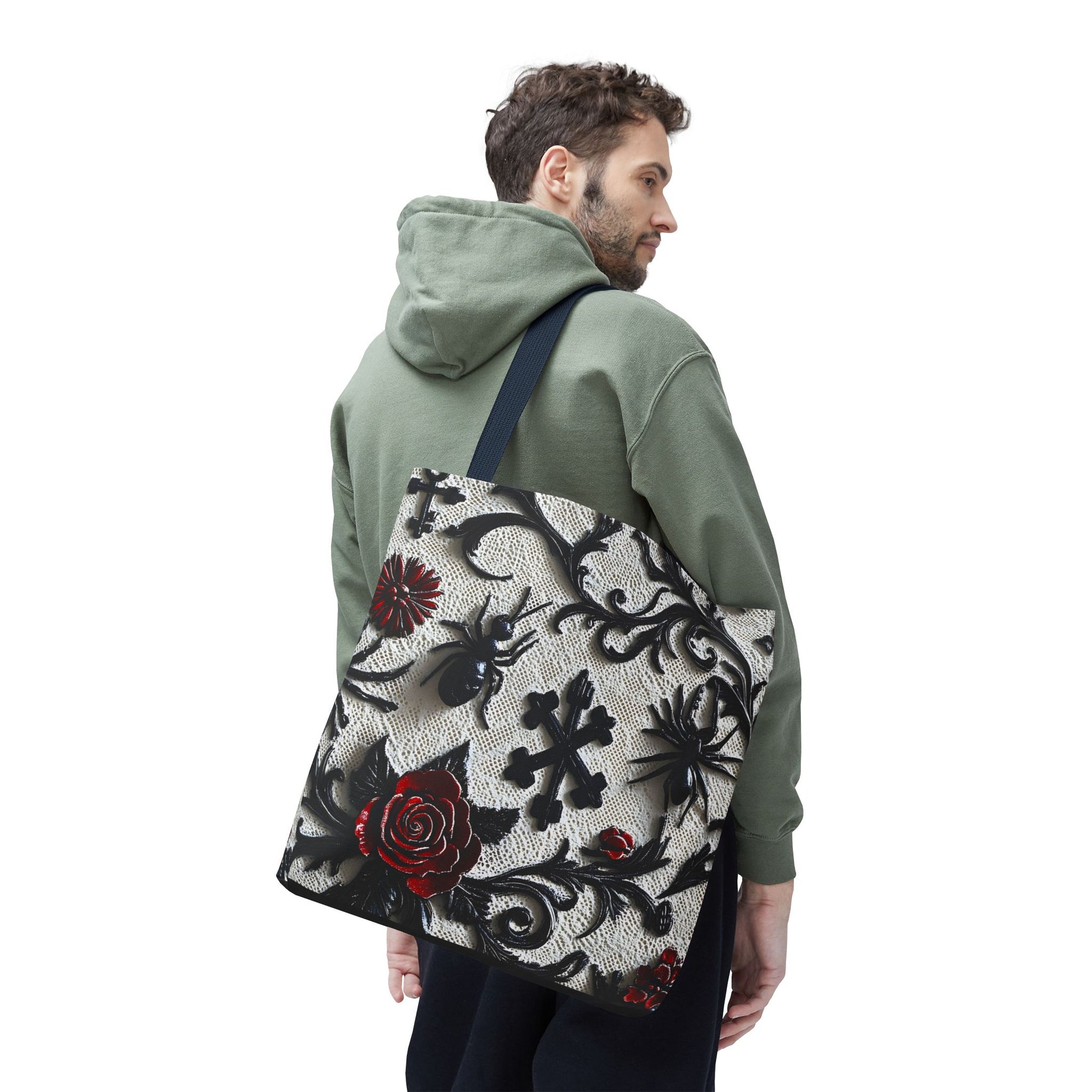 Gothic filigree tote bag with ornate dark floral all-over print, featuring intricate black and purple floral designs on a sturdy bag.