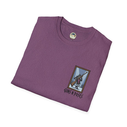 Black T-shirt featuring artwork from "Guns in Poses" gallery, showcasing detailed gun illustrations and high-caliber art design.