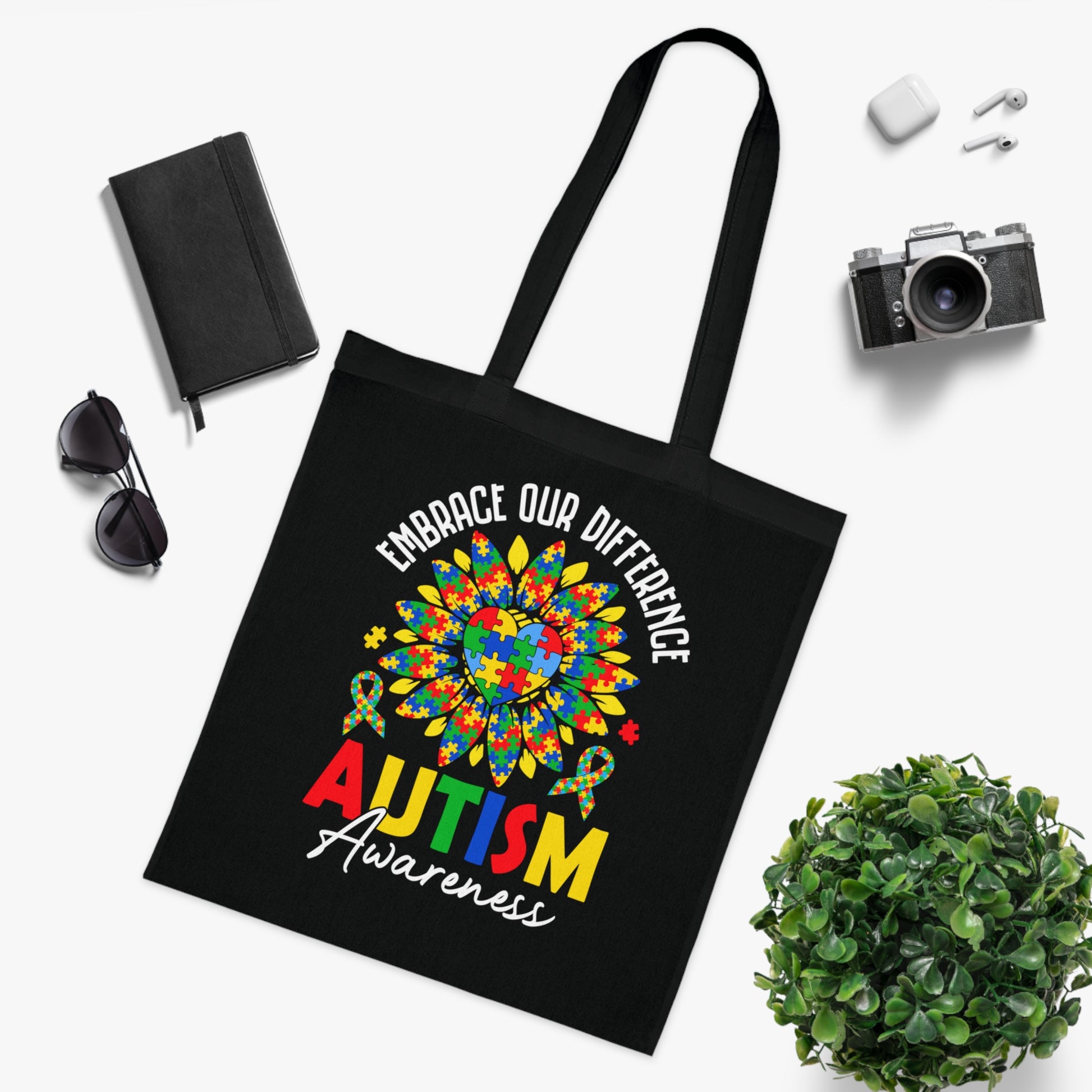 Autism Awareness Cotton Tote — "Embrace Our Difference" Puzzle Ribbon Design - Ramshackle Shack