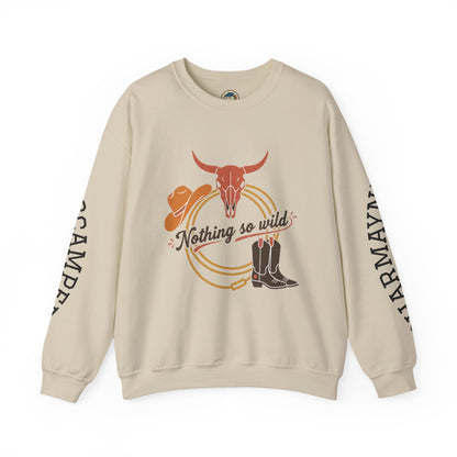 Nothing So Wild personalized western rider crewneck sweatshirt with custom photo and sleeve name, in a casual, comfortable style.