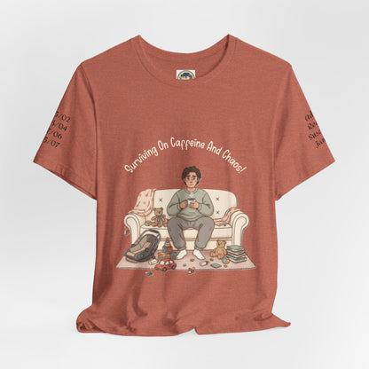 Dad 'Surviving on Caffeine and Chaos' Tee — Custom Names & Dates, 'Believe You Can' Back - Ramshackle Shack