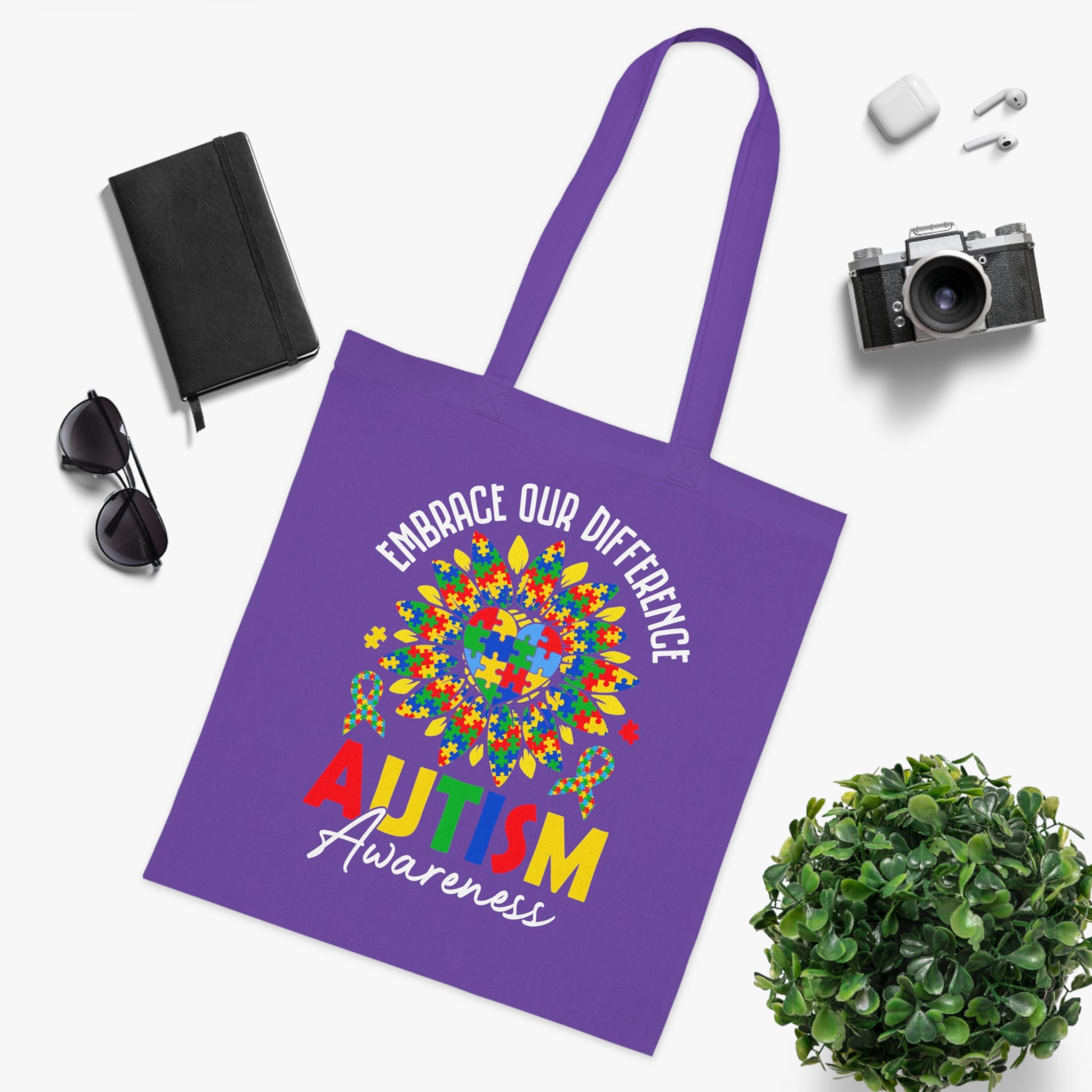 Autism Awareness Cotton Tote — "Embrace Our Difference" Puzzle Ribbon Design - Ramshackle Shack