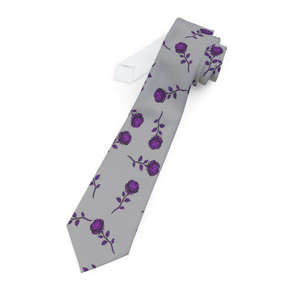Purple Rose Pattern Necktie — Floral Grey Men's Tie for Weddings & Gifts - Ramshackle Shack