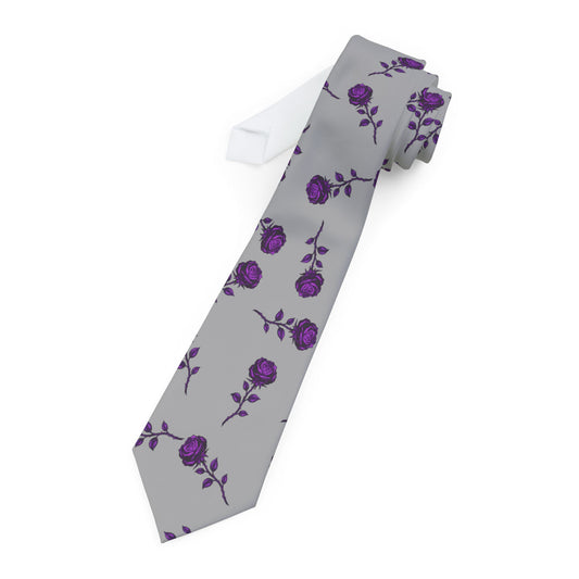 Purple Rose Pattern Necktie — Floral Grey Men's Tie for Weddings & Gifts - Ramshackle Shack