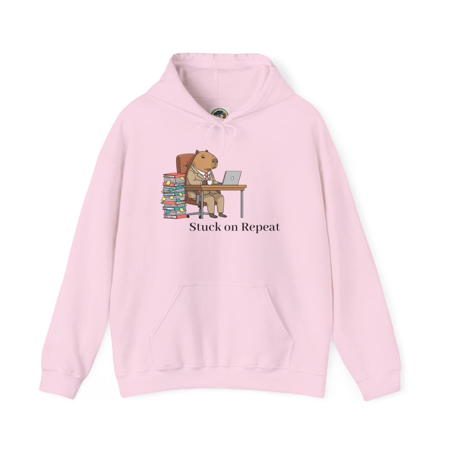 Capybara in suit illustration on Printify hoodie featuring "Stuck on Repeat" design, casual clothing with playful animal artwork.