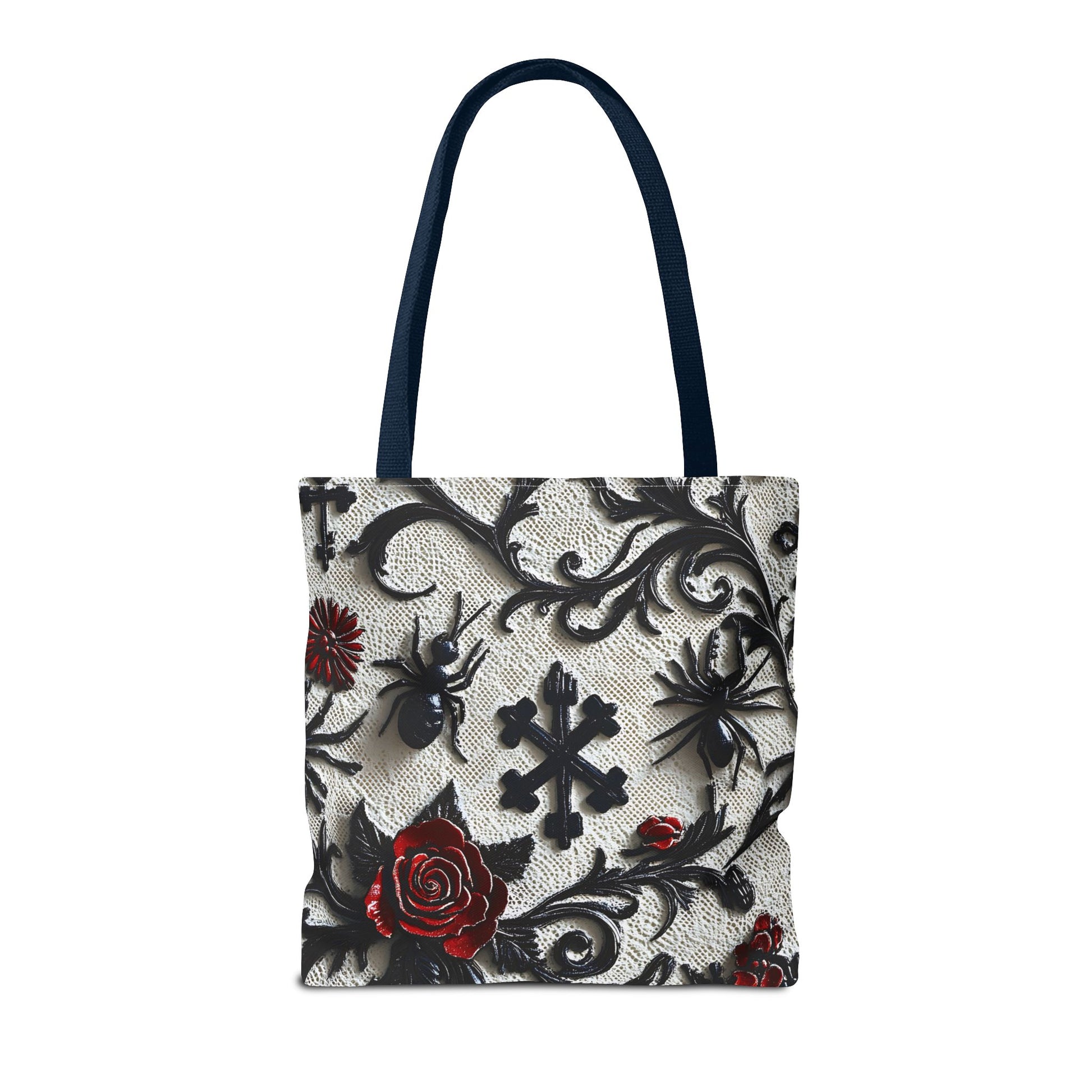 Gothic filigree tote bag with ornate dark floral all-over print, featuring intricate design on black fabric.