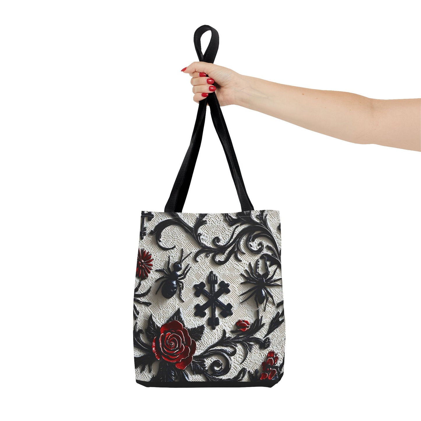 Gothic filigree tote bag with ornate dark floral all-over print, stylish black bag from Printify featuring intricate gothic design.
