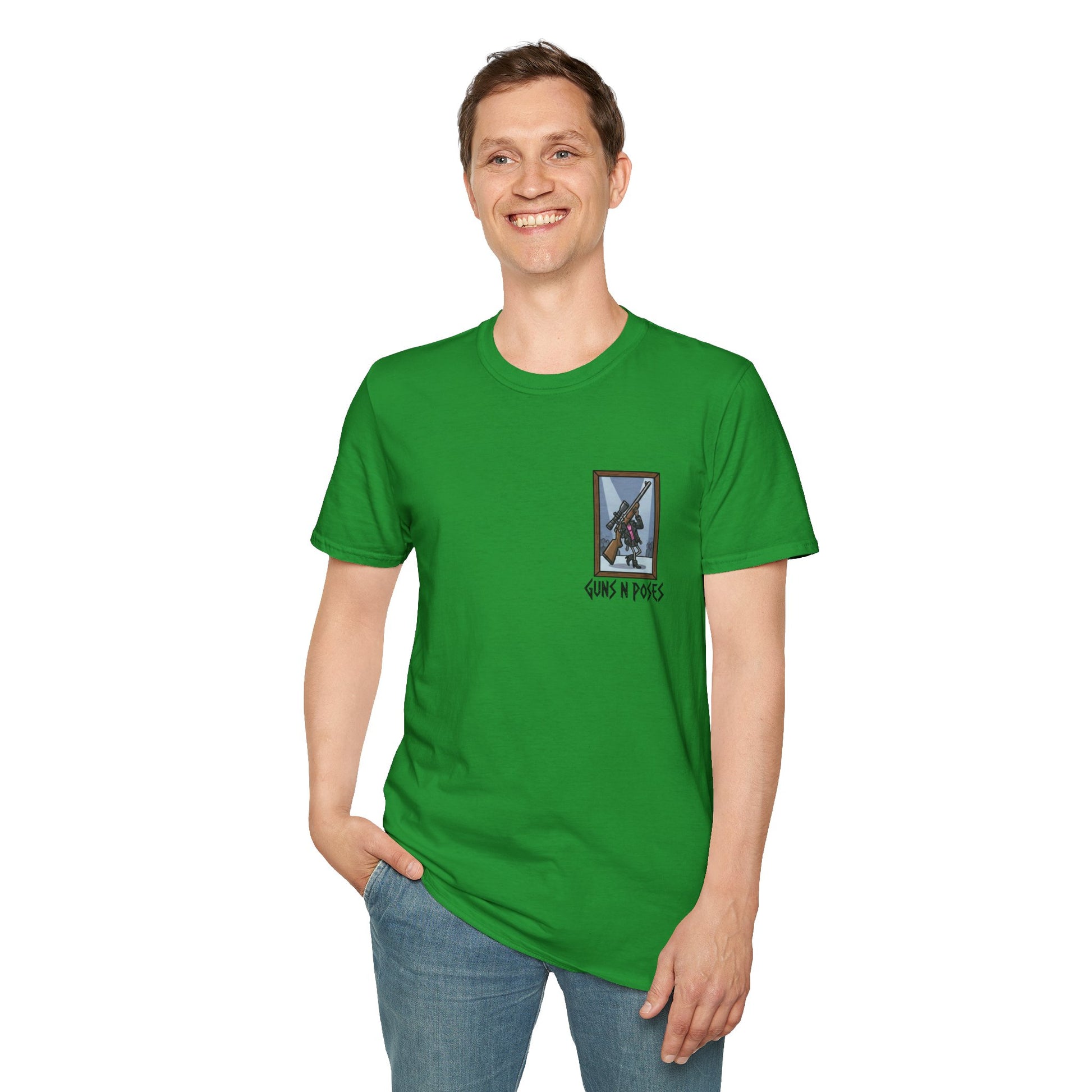 Black T-shirt featuring artwork from "Guns in Poses" gallery, showcasing various artistic gun illustrations on the front.